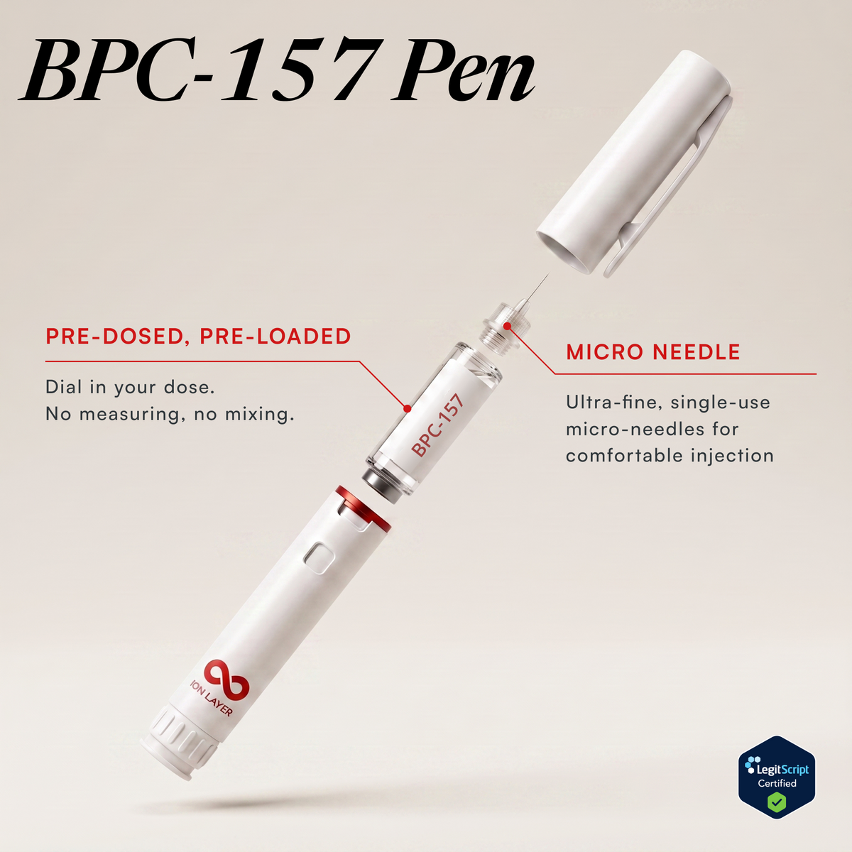 BPC-157 injector pen with the cap off, showing the pre-dosed cartridge and micro needle. Ion Layer.