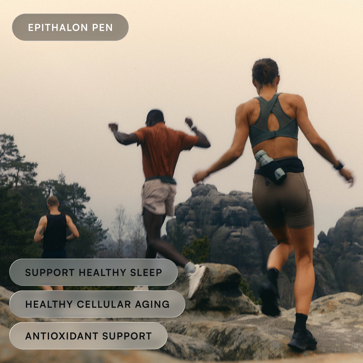 Runners crossing a rocky ridge on a hazy morning. Support healthy sleep, cellular aging, and antioxidant defense.