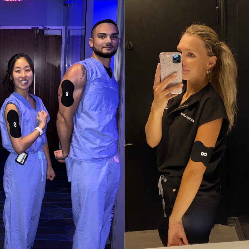 Three people wearing wearable devices on their upper arms, with one taking a mirror selfie.