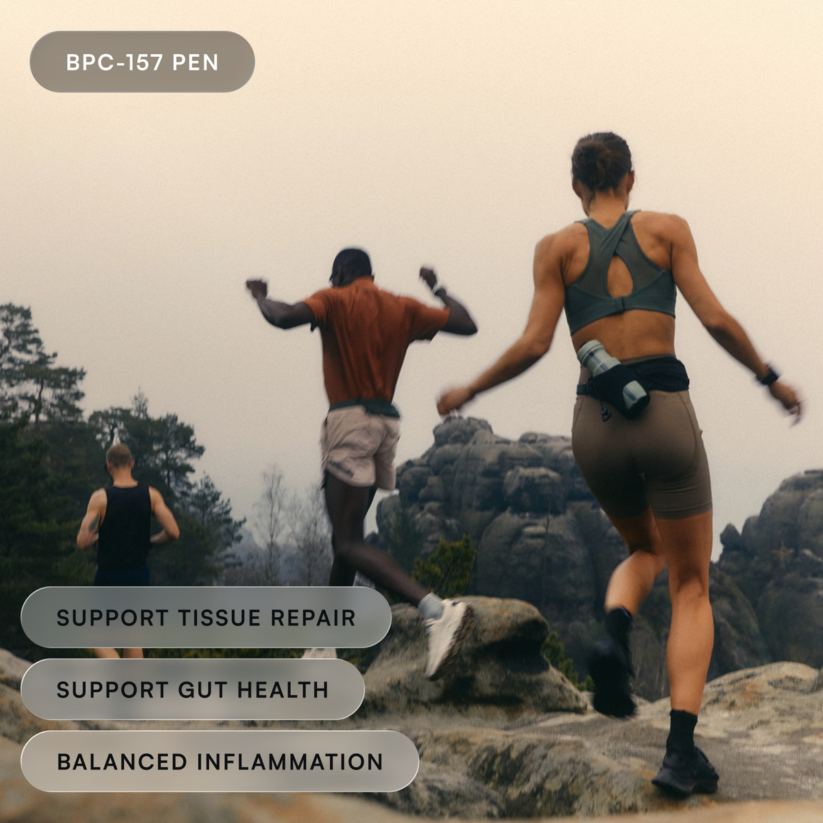 Runners crossing a rocky ridge on a hazy morning. Support tissue repair, gut health, and balanced inflammation.