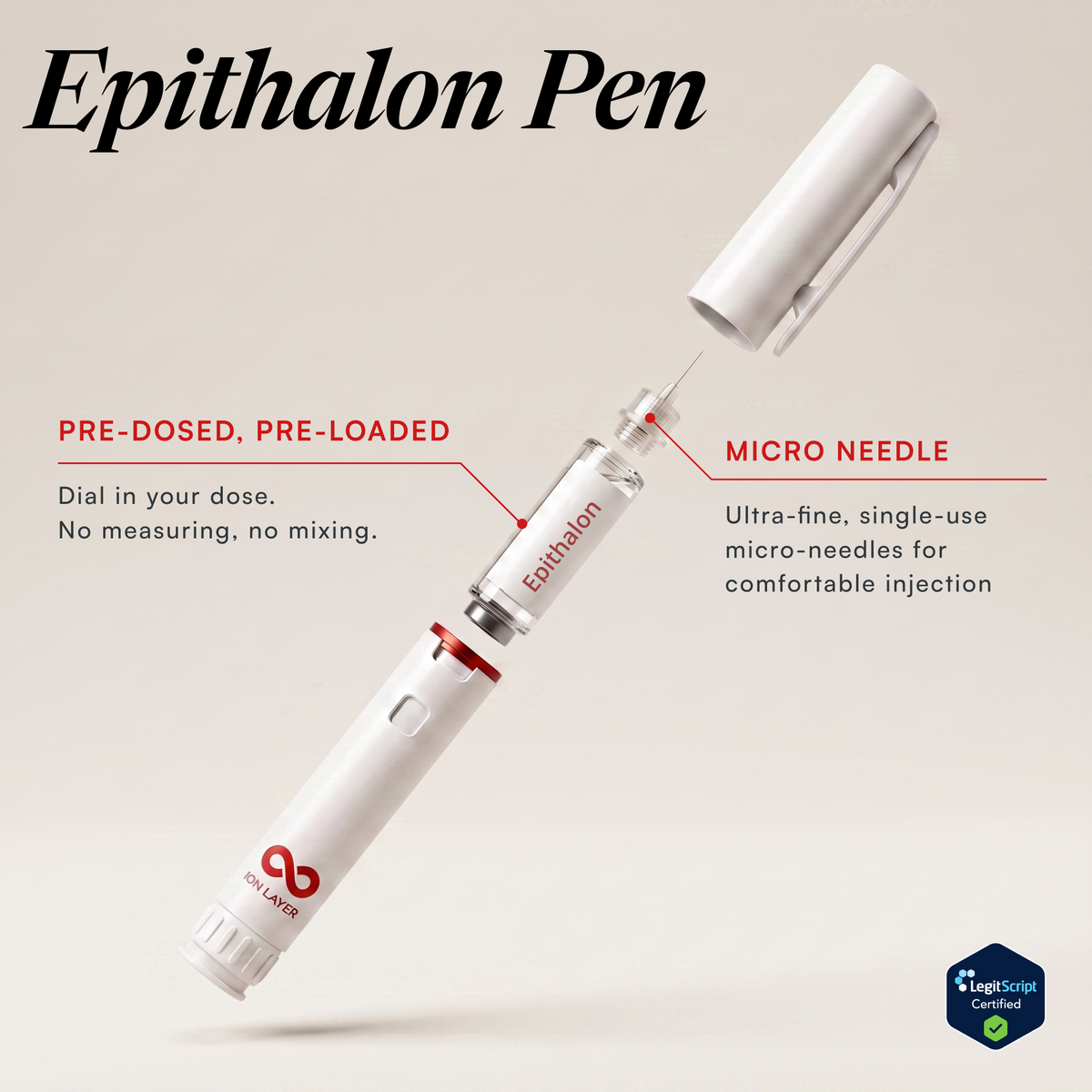 Epithalon injector pen with the cap off, showing the pre-dosed cartridge and micro needle. Ion Layer.