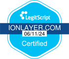 Badge displaying LegitScript certification for IONLAYER.COM, valid until 06/11/24.