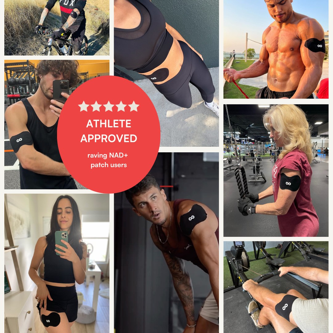Grid of Ion Layer customers wearing NAD+ patches while training, badged Athlete Approved