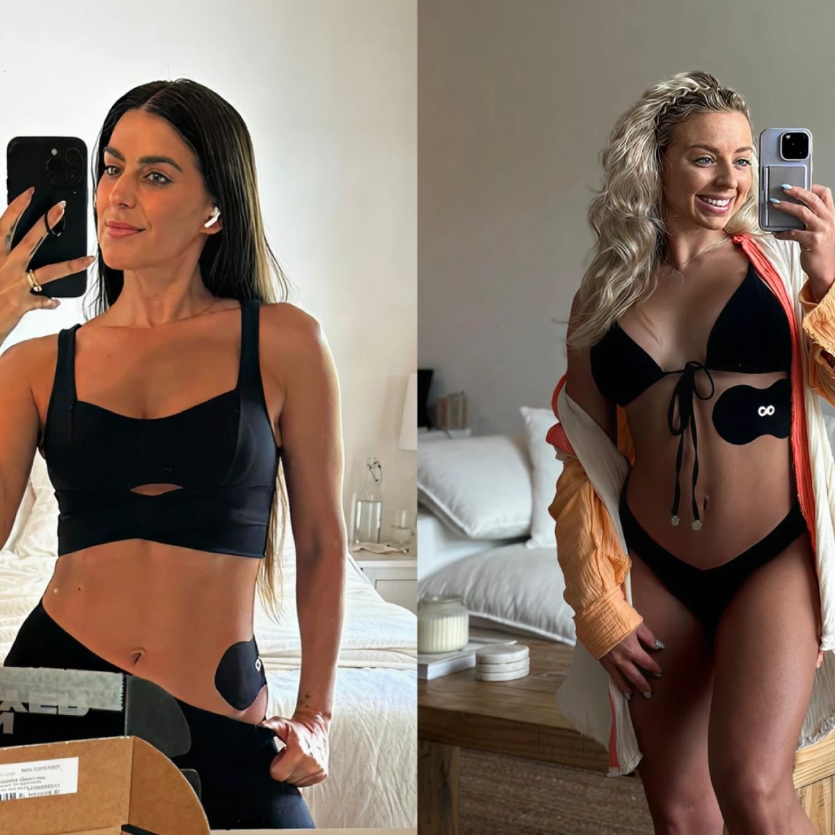 Two women taking mirror selfies wearing black outfits with patches on their abdomens.