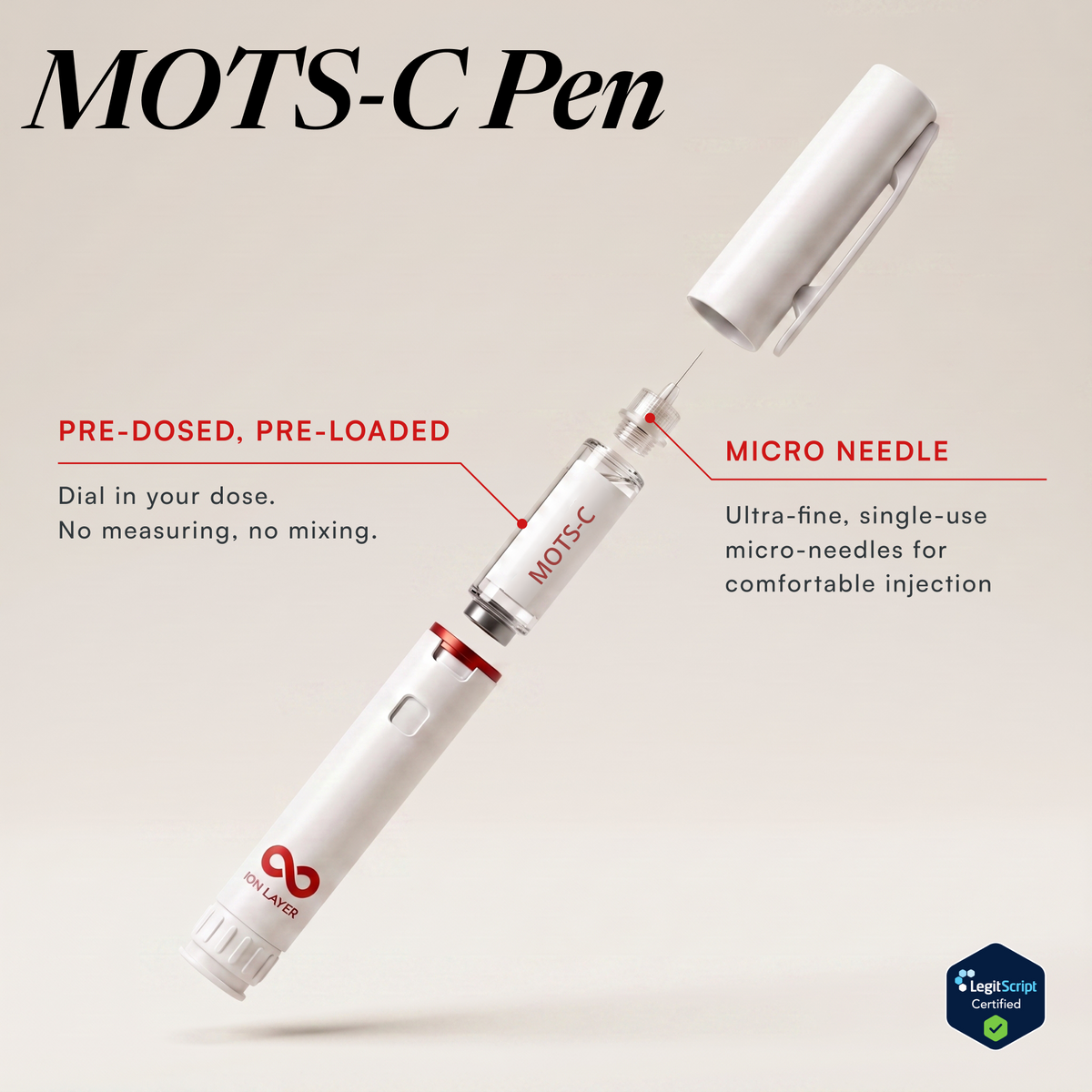 MOTS-C injector pen with the cap off, showing the pre-dosed cartridge and micro needle. Ion Layer.