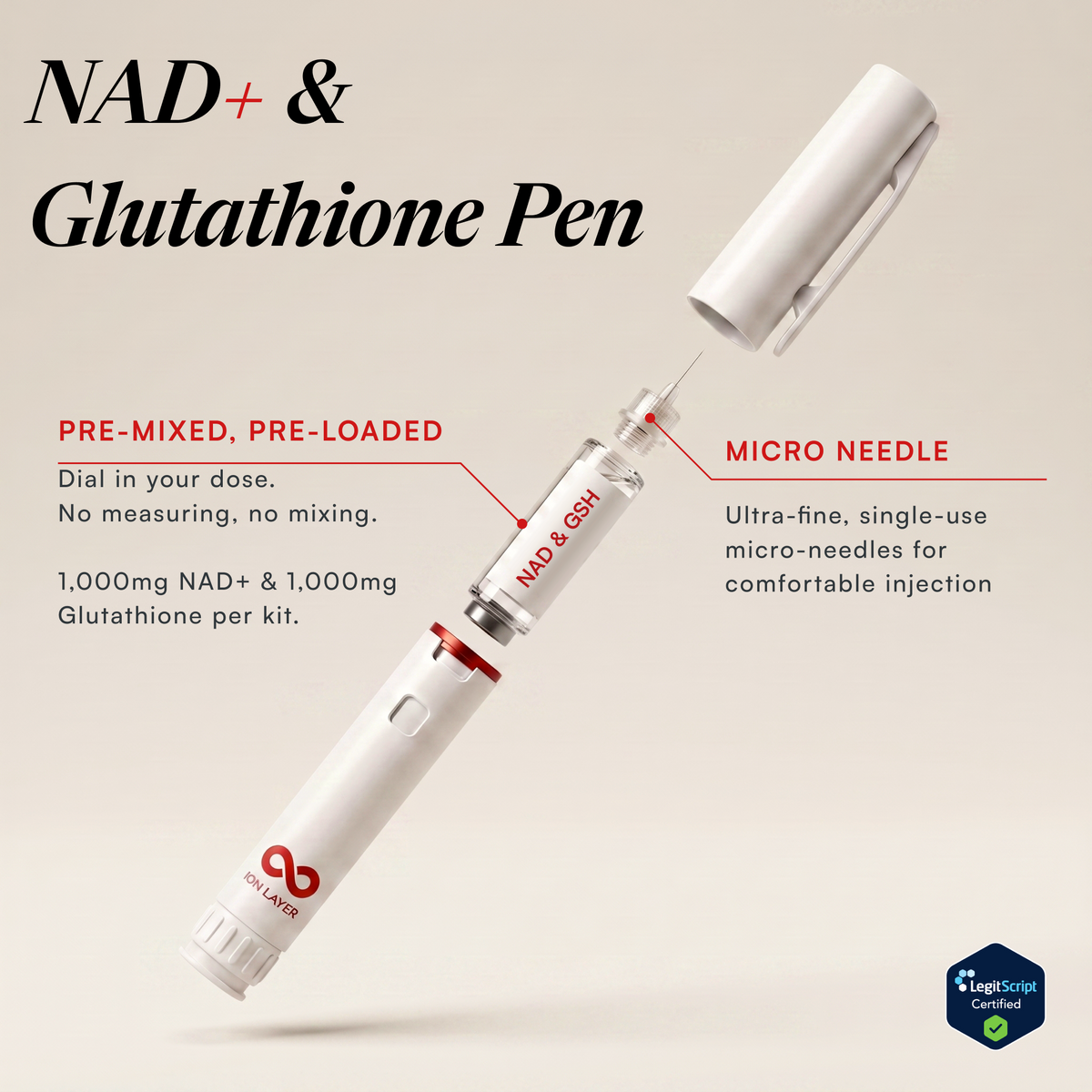 NAD+ and glutathione injector pen with the cap off and micro-needle attached, on a warm neutral background. Ion Layer.